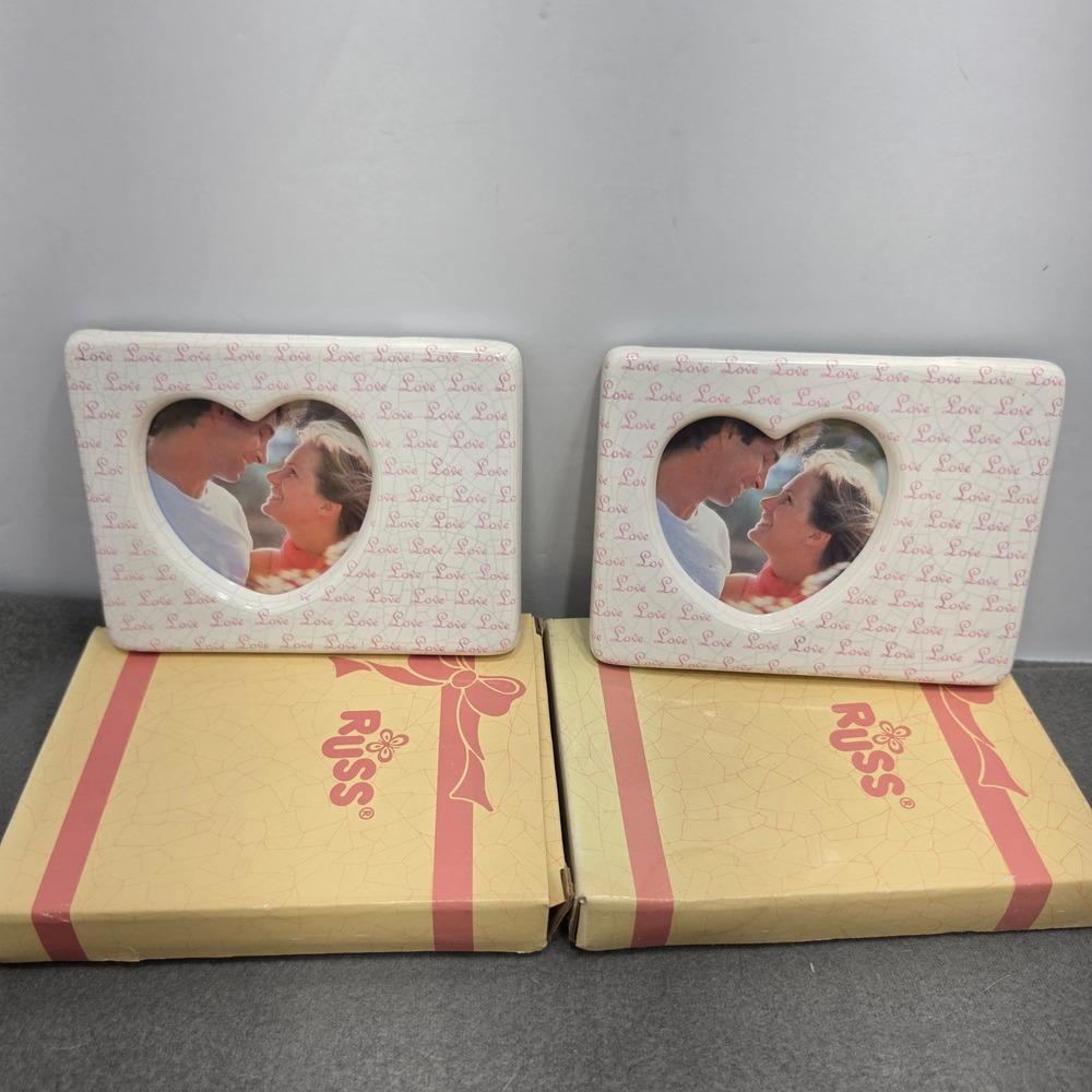 Set of 2 Russ Berrie Ceramic Heart Love Picture Frames White Pink Crackle Finish